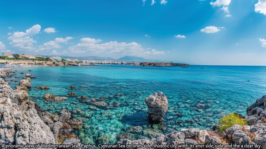 Vista panorámica de la costa de Pafos Chipre con aguas cristalinas y cielo despejado