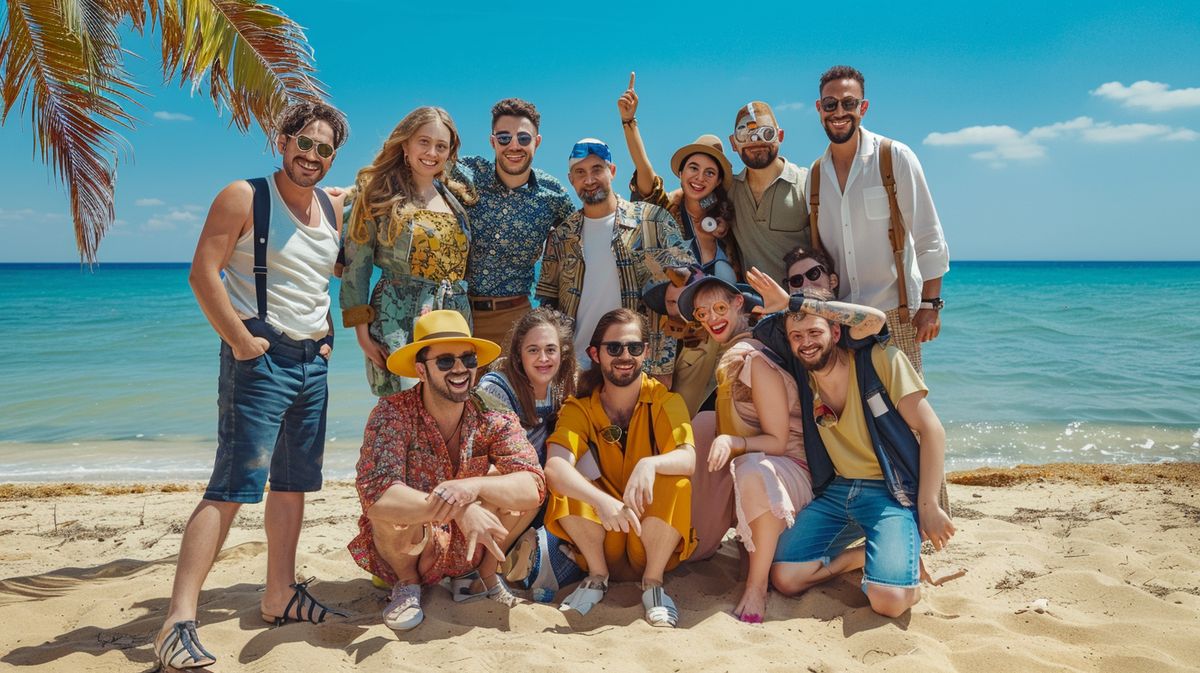 Reparto de la película Verano en Chipre disfrutando de un día soleado en la playa