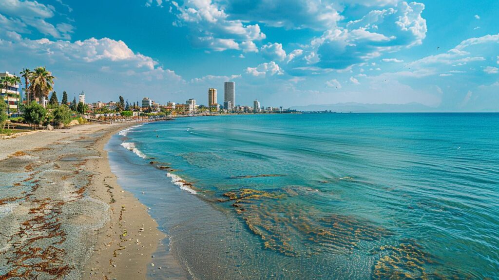 Vista panorámica de la playa en Larnaca Chipre con turistas disfrutando del sol