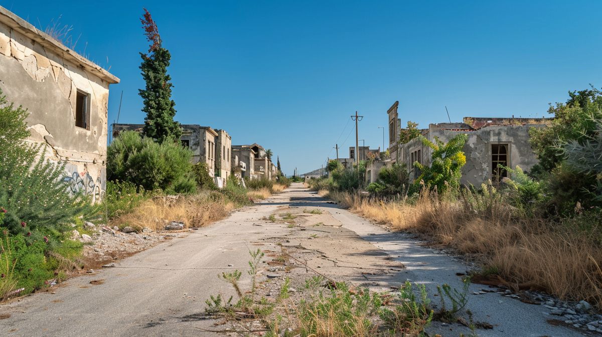 Vista aérea de la ciudad abandonada Chipre, mostrando edificios en ruinas y vegetación creciendo entre ellos