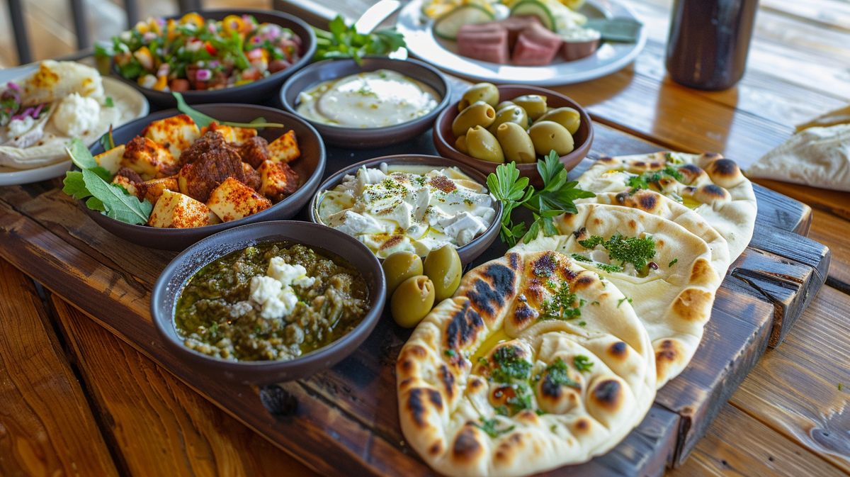 Plato de comida típica de Chipre con mezze variados en una mesa decorada