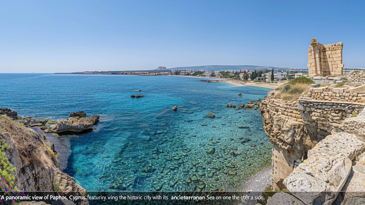 Vista panorámica de la costa de Pafos, Chipre, mostrando playas y edificaciones históricas