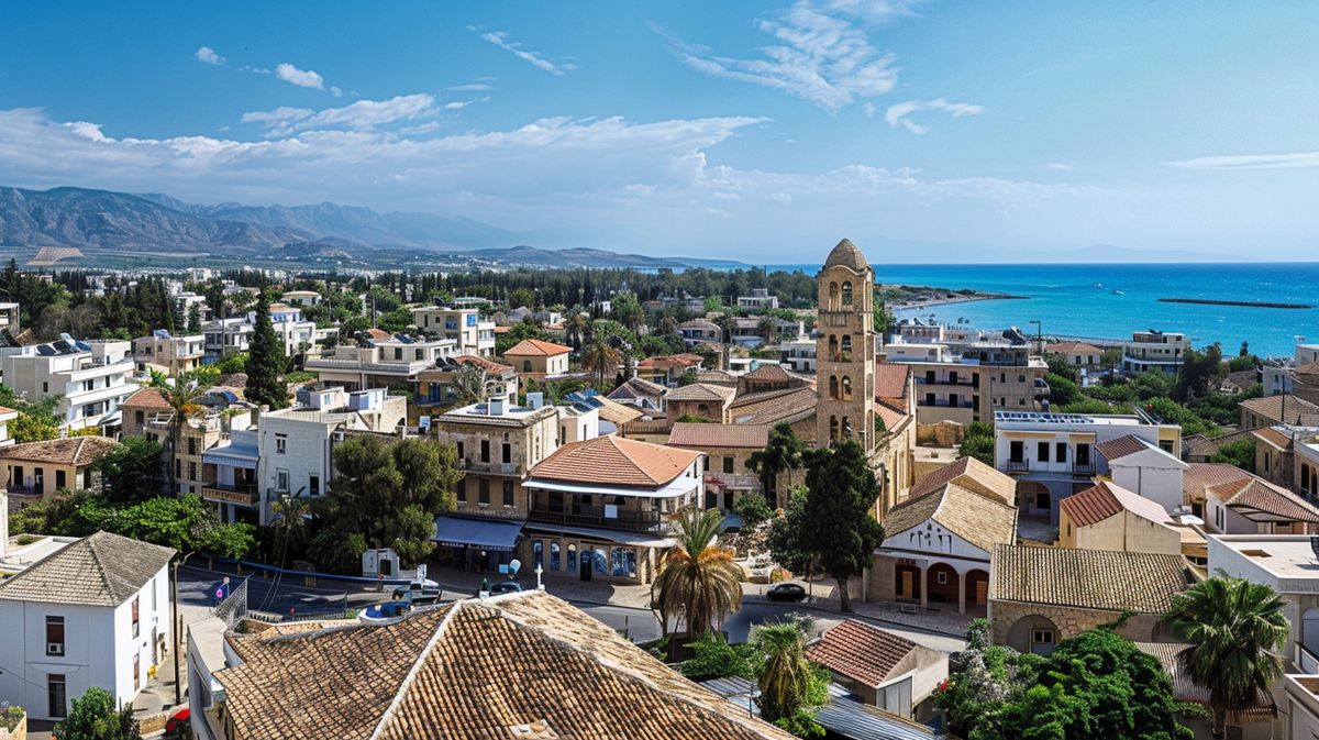 Vista panorámica de una de las ciudades de Chipre destacando su arquitectura única y el mar Mediterráneo en el fondo