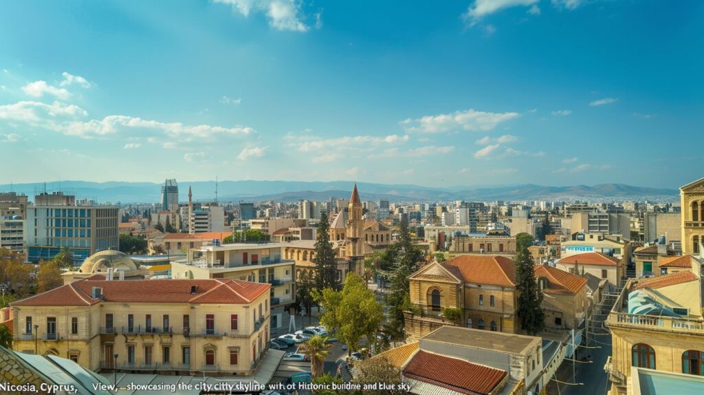 Vista panorámica de la ciudad de Nicosia, Chipre, mostrando edificios modernos y tradicionales