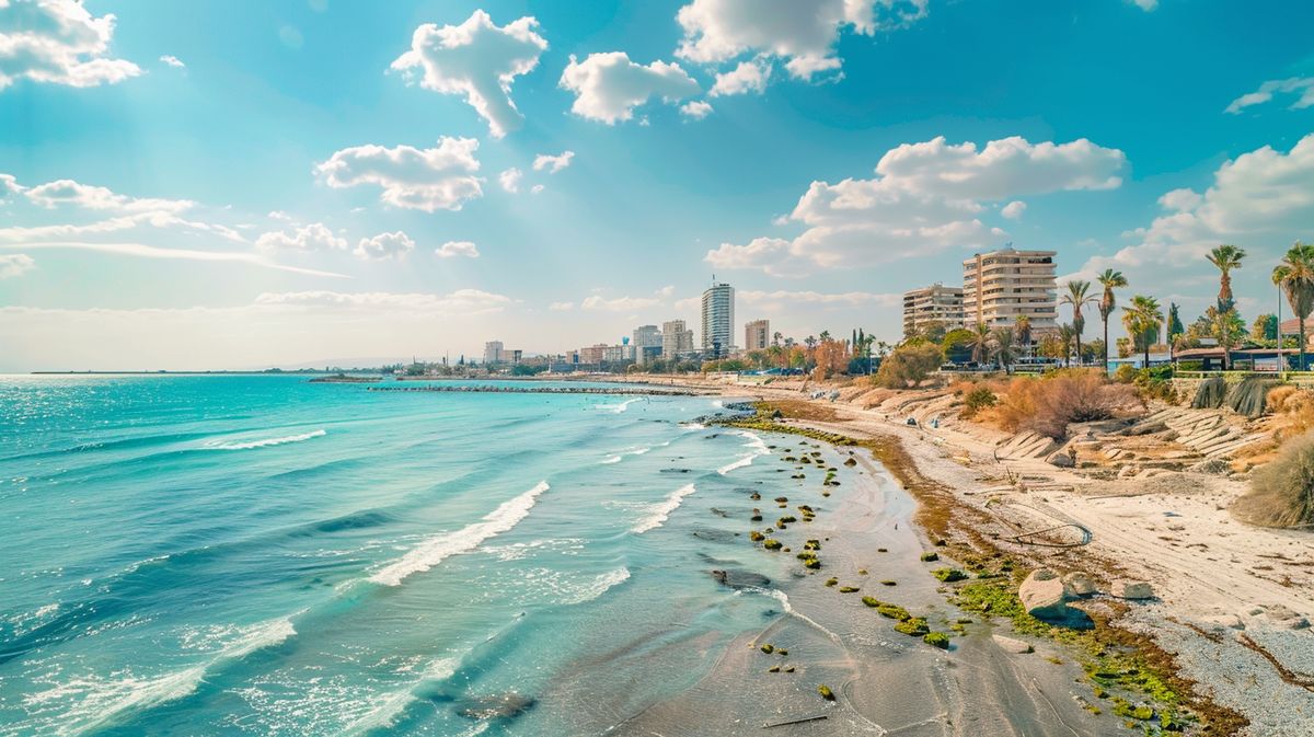 Vista aérea de la hermosa ciudad costera de Larnaca Chipre, mostrando playas y arquitectura local