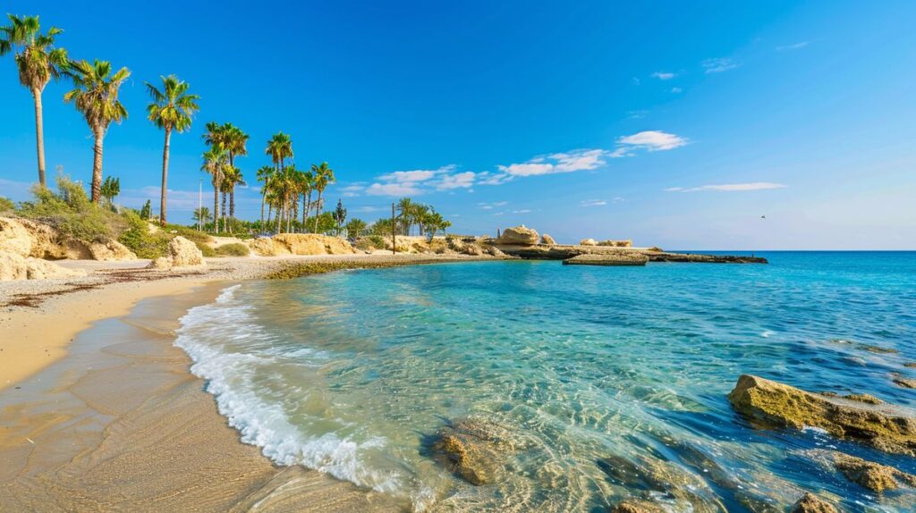 Vista panorámica de una playa durante el verano en Chipre, con turistas disfrutando del sol y el mar azul