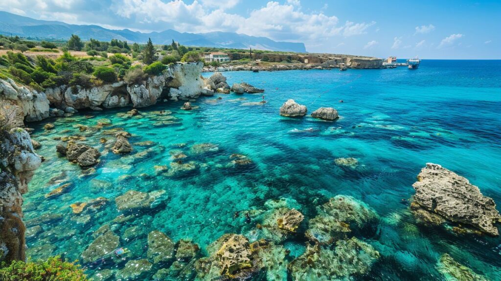 Vista panorámica de la costa de Chipre con cielo azul claro y aguas cristalinas