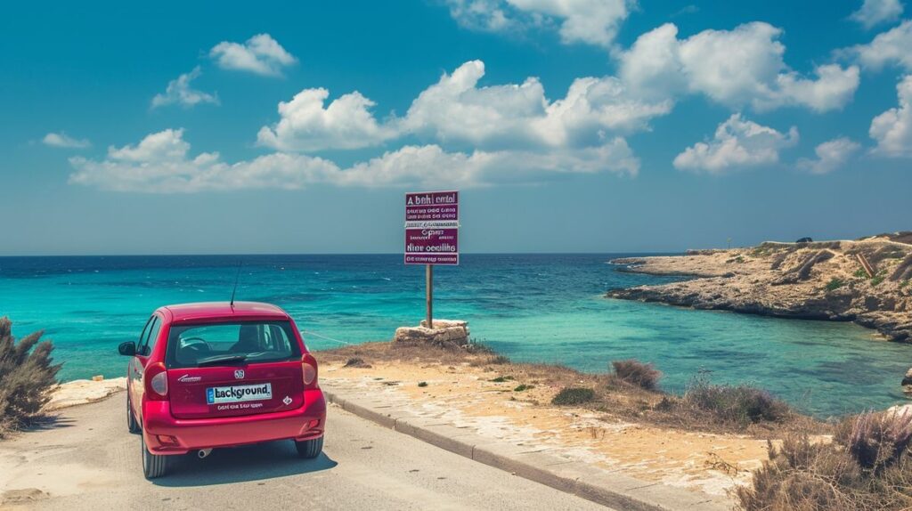 Coche de alquiler en Chipre estacionado frente a una playa hermosa, ideal para turistas