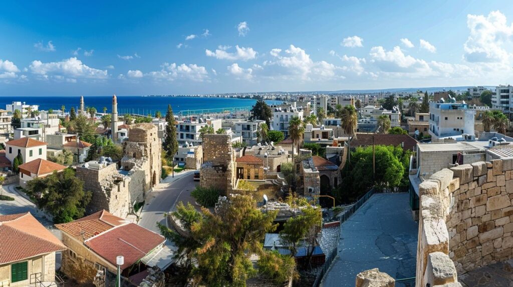 Vista panorámica de una de las pintorescas ciudades de Chipre, destacando su arquitectura única y el vibrante entorno costero