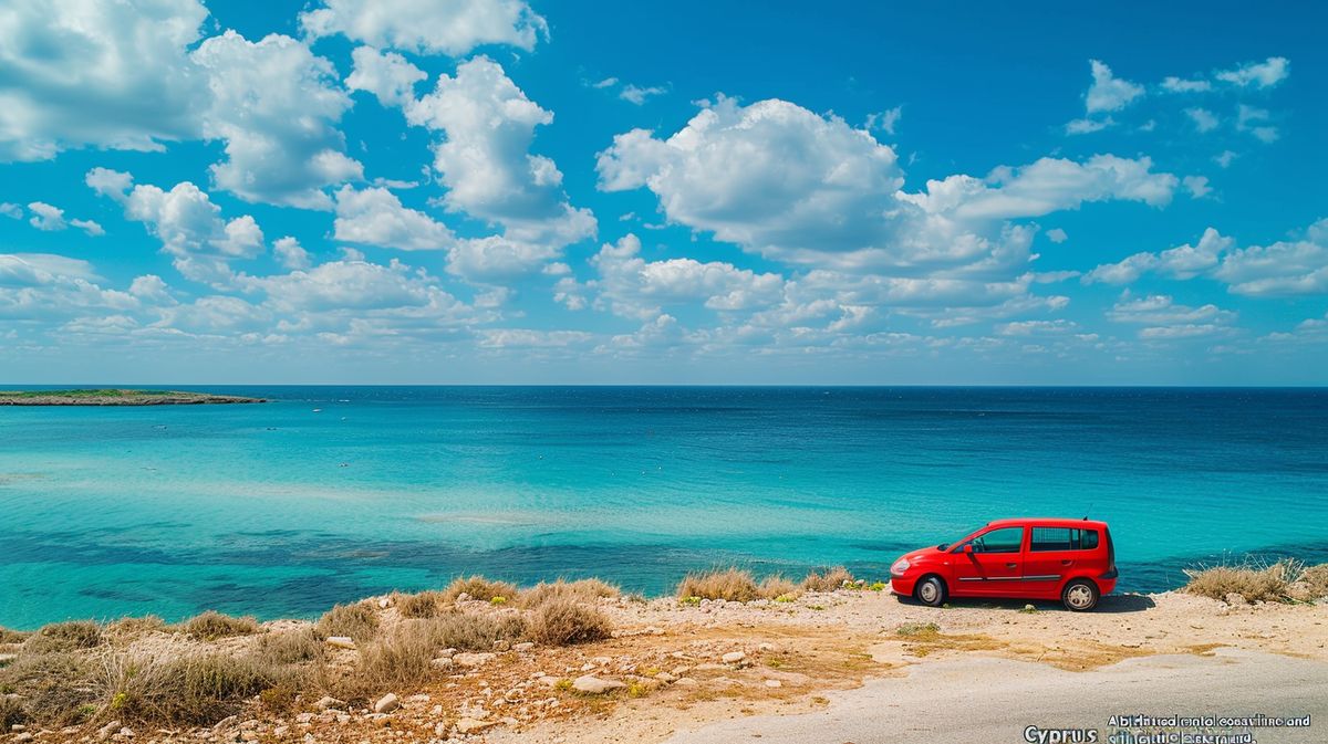 Coche de alquiler en Chipre estacionado frente a la playa con vistas al mar