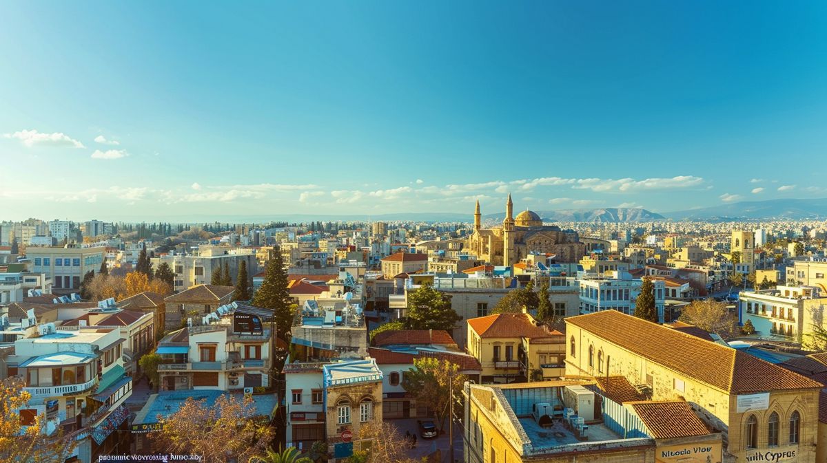 Vista panorámica de la ciudad de Nicosia, Chipre, mostrando monumentos históricos y modernos edificios