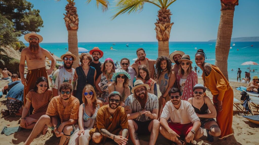 Reparto de la película Verano en Chipre disfrutando de un día soleado en la playa