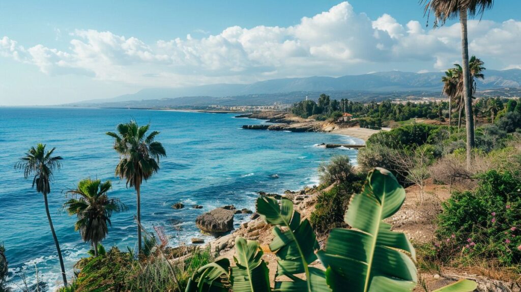 Vista panorámica de la costa de Chipre del Norte con playas y cielo azul