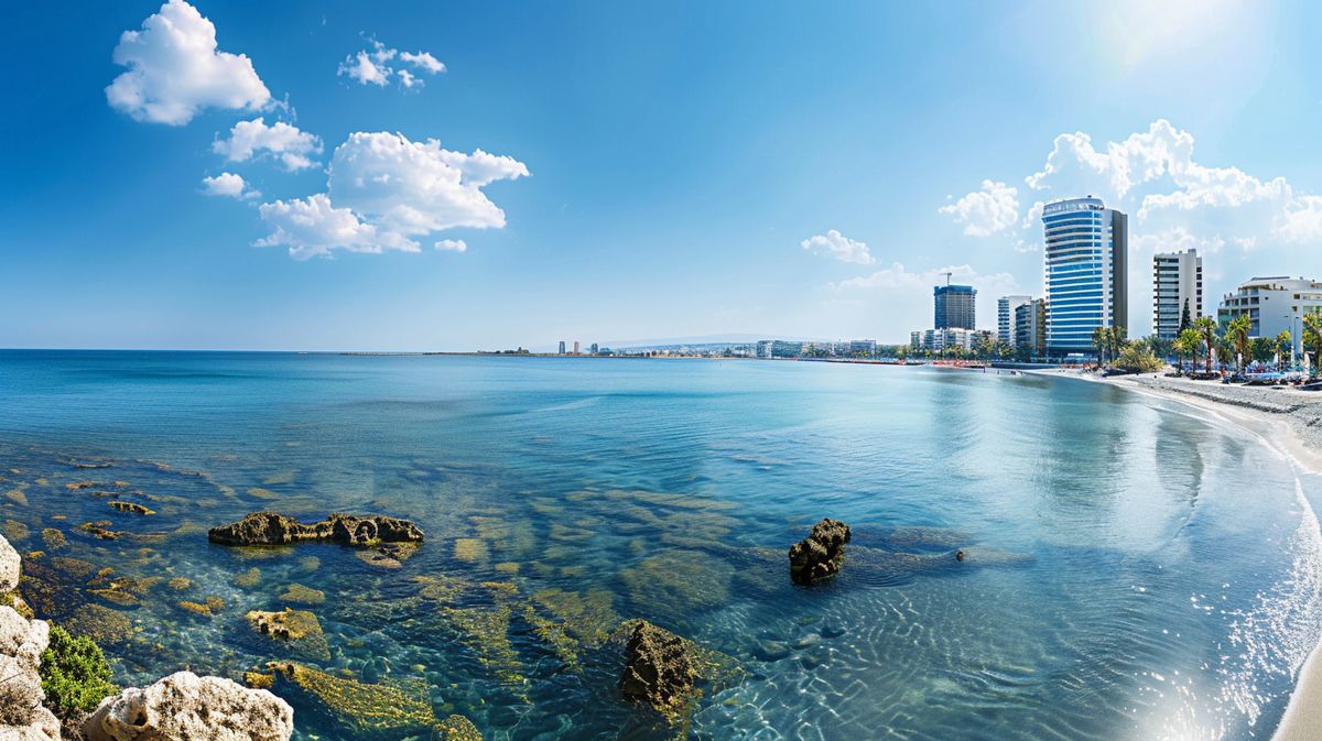 Vista panorámica del atardecer en Limassol, Chipre, mostrando el vibrante paisaje urbano y costero