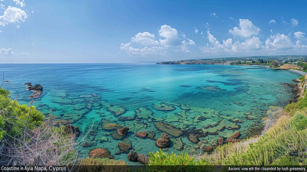 Vista panorámica de la playa en Ayia Napa, Chipre, con turistas disfrutando del sol y el mar azul cristalino