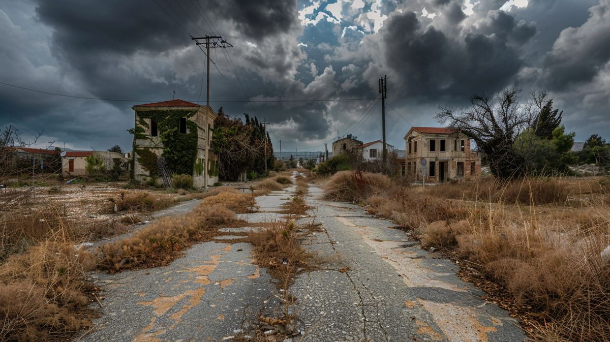 Vista panorámica de la ciudad fantasma Chipre, con edificios abandonados y vegetación creciendo alrededor