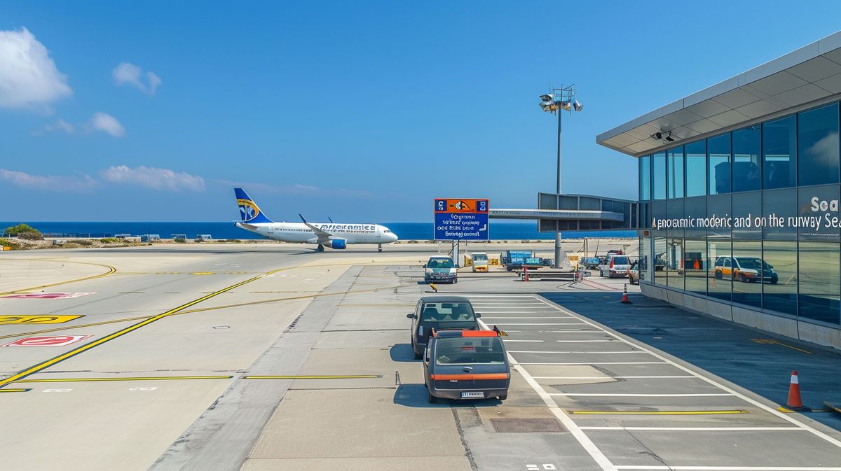 Vista aérea de uno de los principales aeropuertos en Chipre, mostrando pistas y terminales iluminadas al atardecer