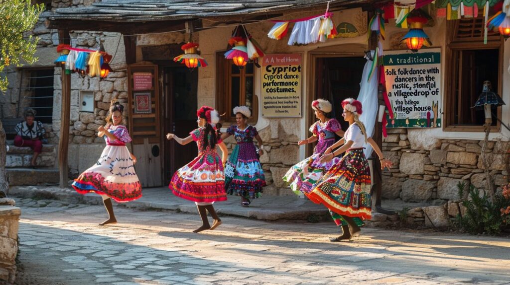 Grupo de personas disfrutando de las tradiciones de Chipre en un festival local con bailes típicos y trajes tradicionales