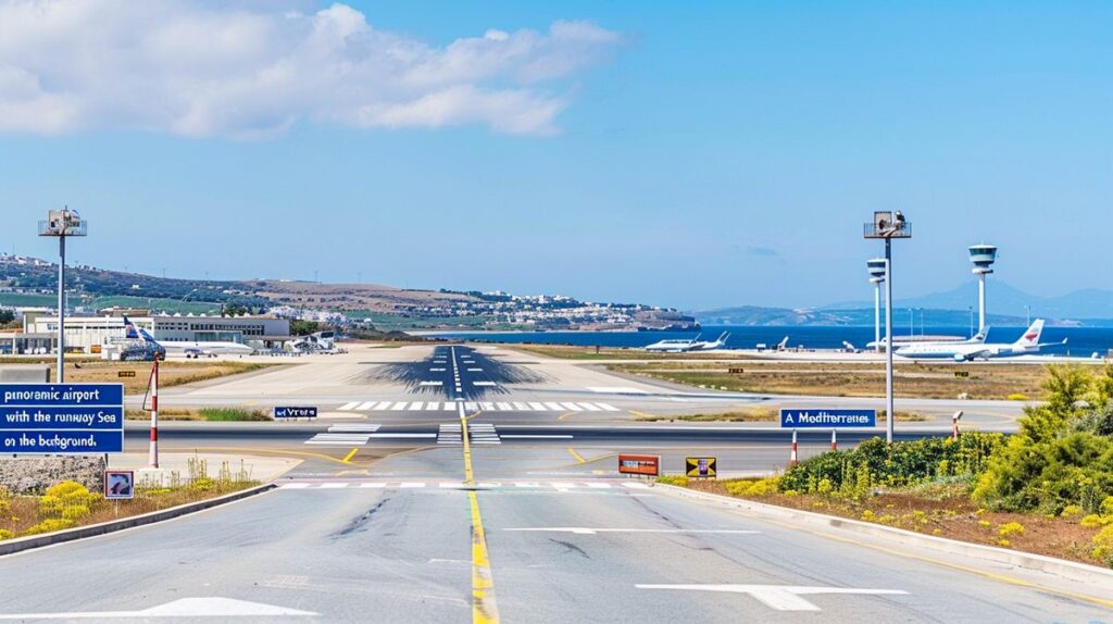 Vista aérea del aeropuerto en Chipre con aviones y pistas iluminadas al atardecer